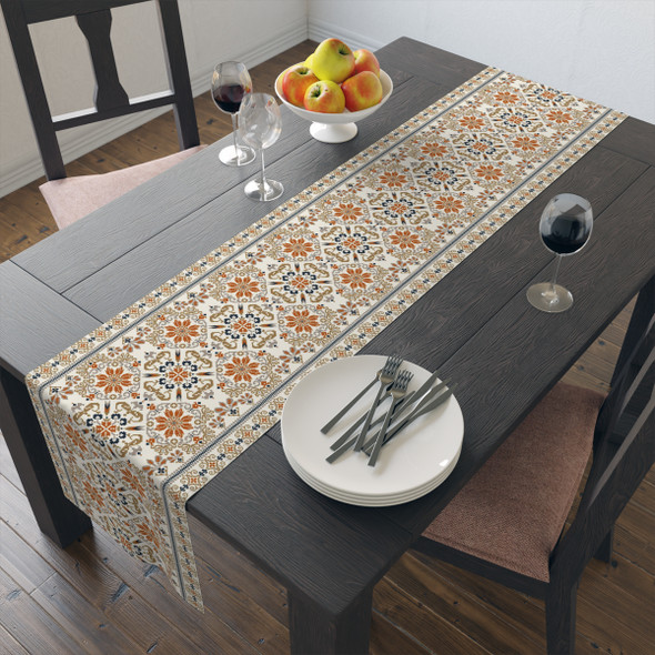 Oriental Pattern in Orange and Cream Table Runner (Cotton, Poly)