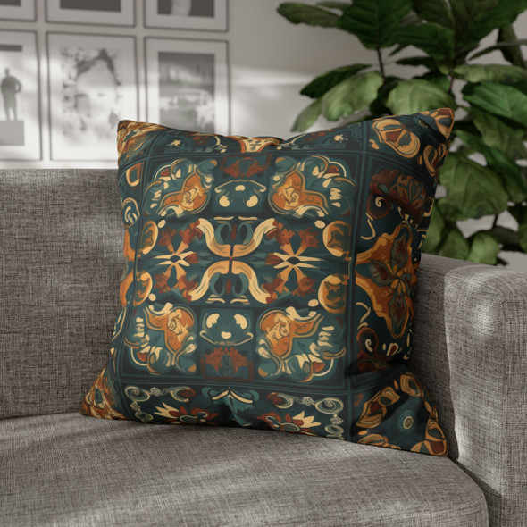 Vintage Style Tiling Pattern in Teal and Gold Throw Pillow Cover| Super Soft Polyester Accent Pillow