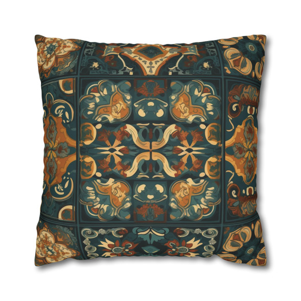 Vintage Style Tiling Pattern in Teal and Gold Throw Pillow Cover| Super Soft Polyester Accent Pillow