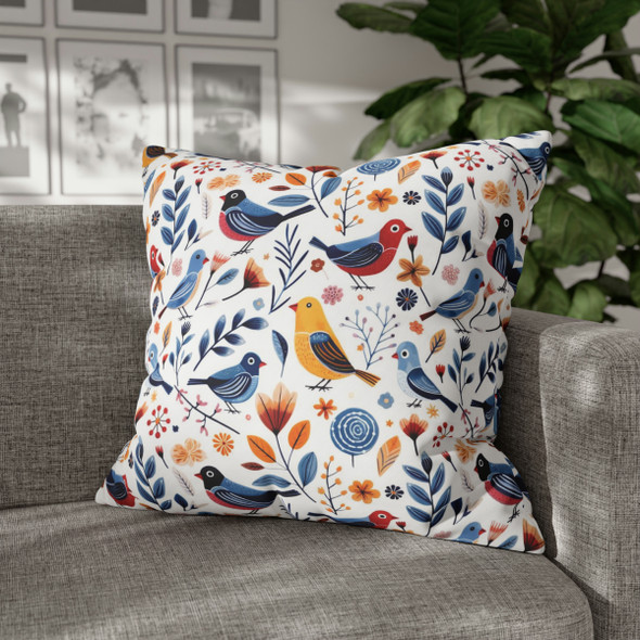 Folk Art Bird Throw Pillow Cover - Vibrant Spring Pattern Decorative Sofa Cushion Case - Home Accent Gift - Bird Lover Gift - Dorm Pillow