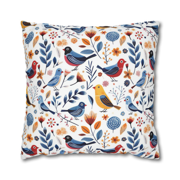 Folk Art Bird Throw Pillow Cover - Vibrant Spring Pattern Decorative Sofa Cushion Case - Home Accent Gift - Bird Lover Gift - Dorm Pillow