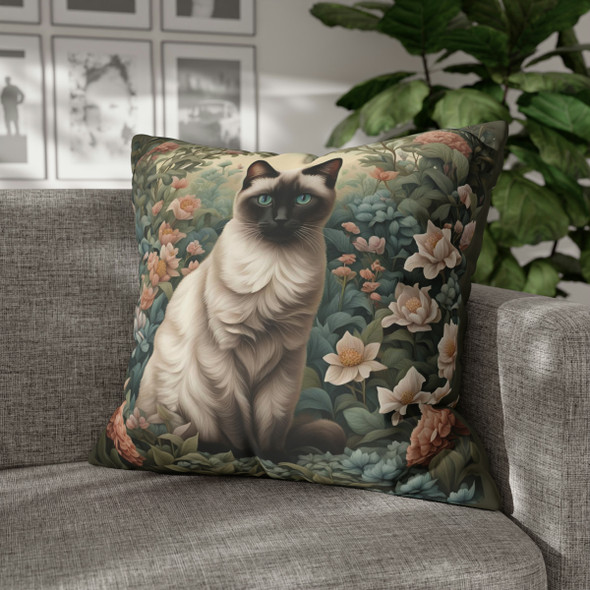 Siamese Cat Throw Pillow Cover - William Morris Inspired, Botanical Floral Design for Cat Lovers & Home Decor