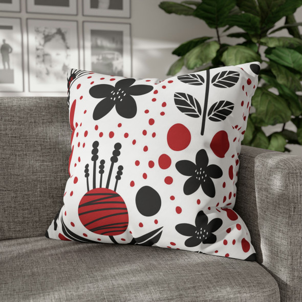 Red Black Geometric Floral Design Throw Pillow Cover| Retro Home Decor| Super Soft Polyester Accent| Unique Housewarming Gift