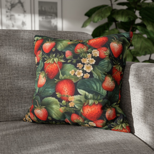 Strawberry Garden Pillow Cover| Watercolor Botanical Style| Soft Faux Suede Cushion Case for Home Accent