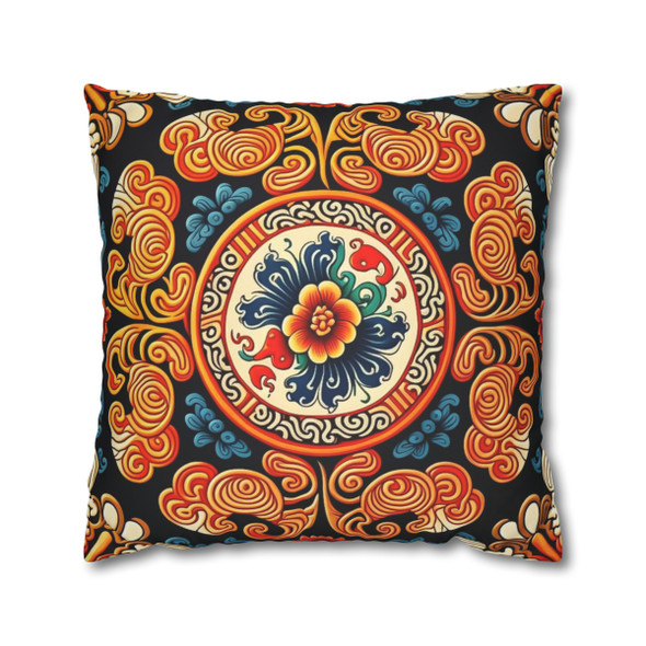 Asian Inspired Pillow Cover - Teal & Orange Folk Art Decor, Soft Faux Suede Cushion Case for Home Accent
