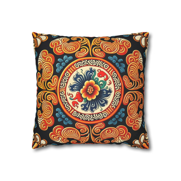 Asian Inspired Pillow Cover - Teal & Orange Folk Art Decor, Soft Faux Suede Cushion Case for Home Accent