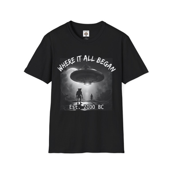 UFO Abduction & Werewolf T-Shirt - "Where It All Began Est. 2100 BC" Graphic Tee, Unique Sci-Fi Clothing, Perfect Gift for Paranormal Fans