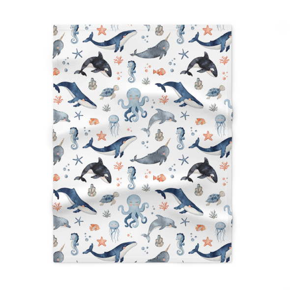 Ocean Life Soft Fleece Baby Blanket| Ocean Theme Nursery| Blue and White Theme