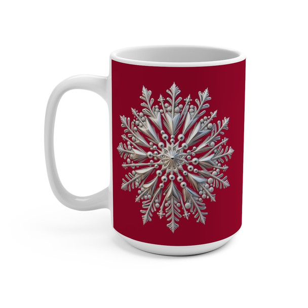 Silver Snowflake on Deep Red Mug 15oz|3D Design Snowflake| Coffee Tea Cocoa| Unique Cup Mug| Gift Idea