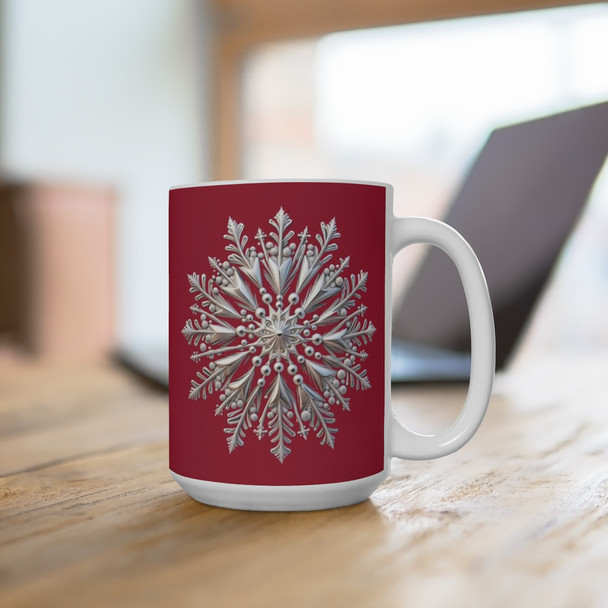 Silver Snowflake on Deep Red Mug 15oz|3D Design Snowflake| Coffee Tea Cocoa| Unique Cup Mug| Gift Idea
