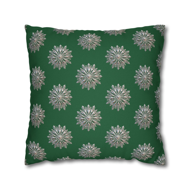 Pillow Case Silver Snowstorm in Green Throw Pillow| Sterling Silver Snowflakes Throw Pillows | Living Room, Bedroom, Dorm Room Pillows