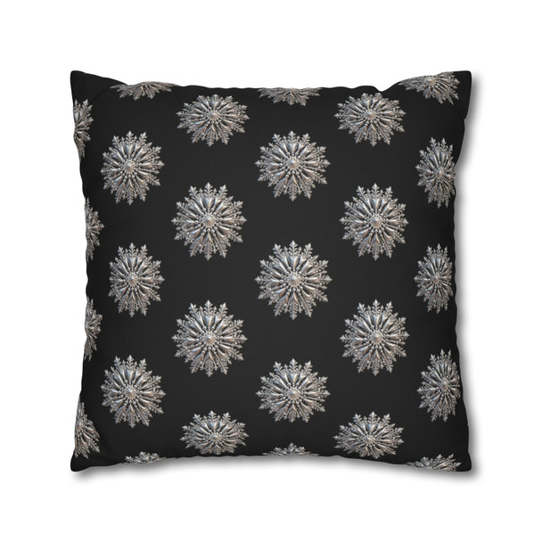 Pillow Case Silver Snowstorm in Black Throw Pillow| Sterling Silver Snowflakes Throw Pillows | Living Room, Bedroom, Dorm Room Pillows