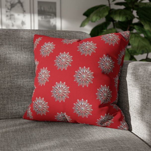 Pillow Case Silver Snowstorm in Dark Red Throw Pillow| Sterling Silver Snowflakes Throw Pillows | Living Room, Bedroom, Dorm Pillows