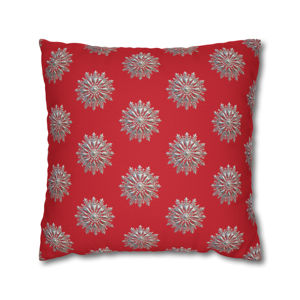 Pillow Case Silver Snowstorm in Dark Red Throw Pillow| Sterling Silver Snowflakes Throw Pillows | Living Room, Bedroom, Dorm Pillows