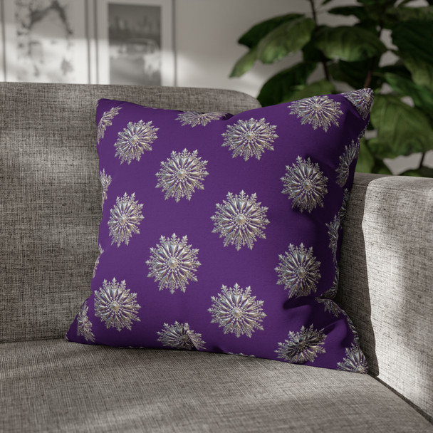 Pillow Case Silver Snowstorm in Deep Purple Throw Pillow| Sterling Silver Snowflakes Throw Pillows | Living Room, Bedroom, Dorm Pillows