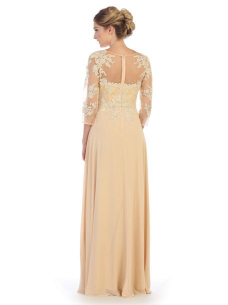 CHAMPAGNE BACK Eva USA 5164 Mother Of The Bride Chiffon And Lace Gown With Sleeves