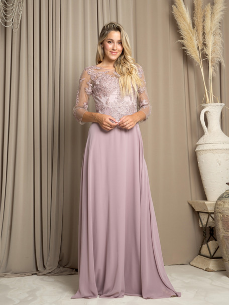 MAUVE Eva USA 5164 Mother Of The Bride Chiffon And Lace Gown With Sleeves