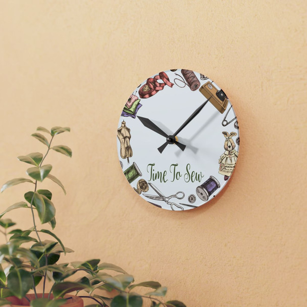 Time To Sew Square or Round Acrylic Wall Clock| Hand Drawn Graphic| Sewing Craft Room Clock| Holiday Birthday Gift| Seamstress Gift