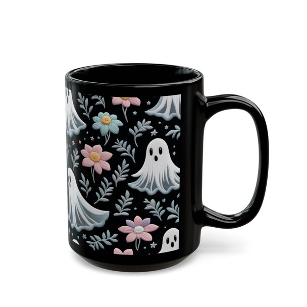 Vintage Ghost Design Coffee Mug, Cute Embroidered Floral  Spooky Ghosts In Pastel Flowers Teacup, Halloween  11 or 15 Ounce Ceramic Mug