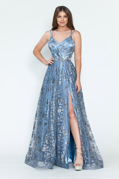 Lenovia 8235 Wrap Style Mesh Formal Prom Or Evening Gown Denim blue