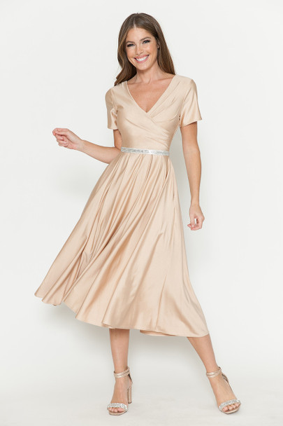 Lenovia 5274 Short Satin Bridesmaid Dress With Belted Waist Champagne Gold