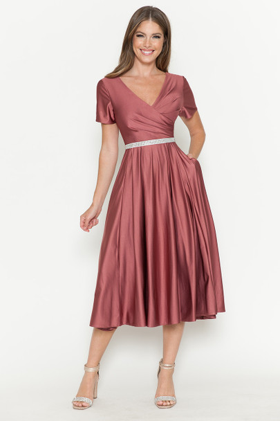Lenovia 5274 Short Satin Bridesmaid Dress With Belted Waist Mauve
