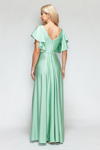 Lenovia 5277 Satin Bridesmaid Gown Flutter sleeves Sage green back