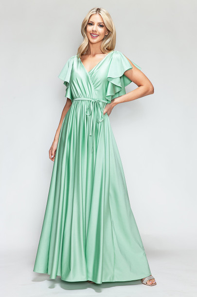 Lenovia 5277 Satin Bridesmaid Gown Flutter sleeves Sage green