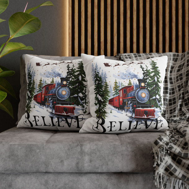 Believe Christmas Santa and Train Throw Pillow Cover | Magical Christmas| Living Room, Bedroom, Dorm Room Pillows