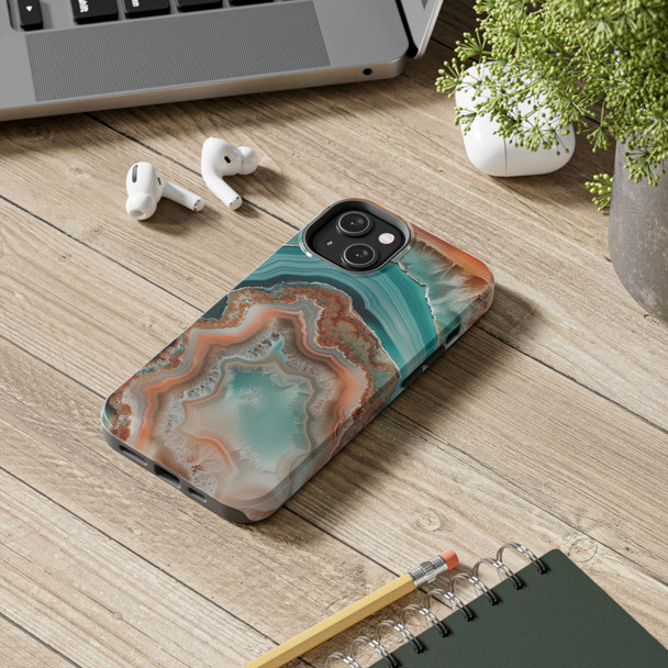 Teal Rust Agate Crystal Pattern Tough Phone Cases| iPhone 16 Pro Plus 15 14 13 Pro Max Plus, Samsung S24| gift for crystal, rock hounder