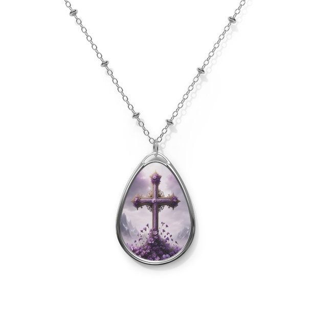 Cross With Purple Flowers Oval Necklace Easter Gift Christmas Birthday Holiday Gift