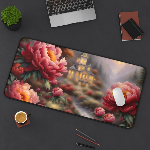 Red Peonies in the  Fog Desk Mat Mousepad. Whether protecting your desk or gaming, this beautiful mat does the job.