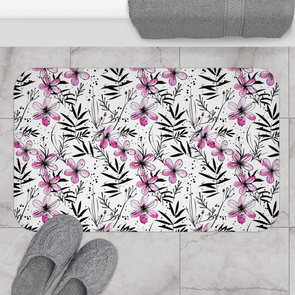 Chic Floral Bath Mat - Ink Style Pink and Black Flowers, Bathroom Decor, Gift for Her, Boho Style, Home Spa Accessories