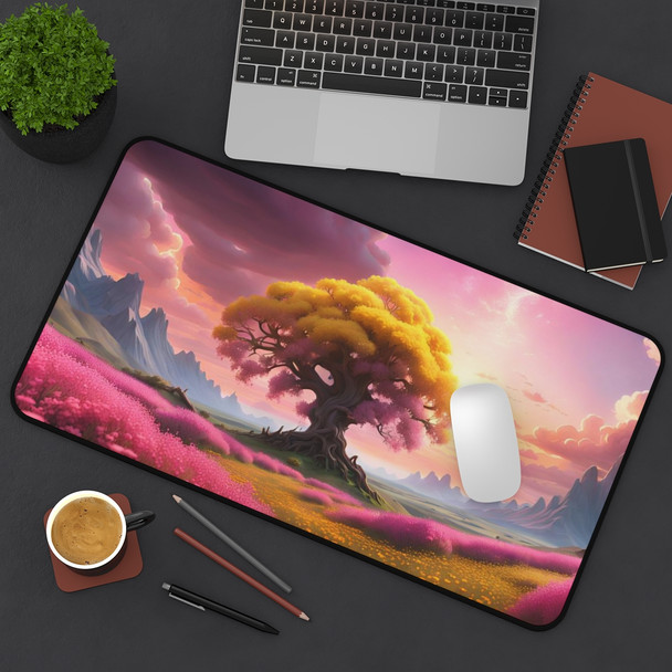 Tree of Life Rowan Tree in Pink and Yellow Desk Mat. Unique gaming pad or desk protector. Three sizes for all of your mousepad needs.