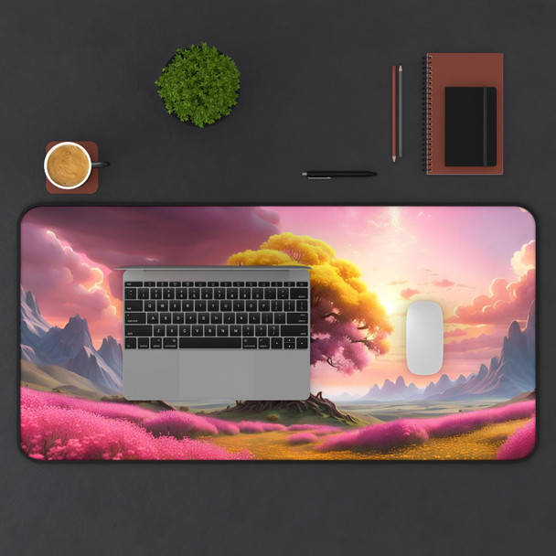 Tree of Life Rowan Tree in Pink and Yellow Desk Mat. Unique gaming pad or desk protector. Three sizes for all of your mousepad needs.