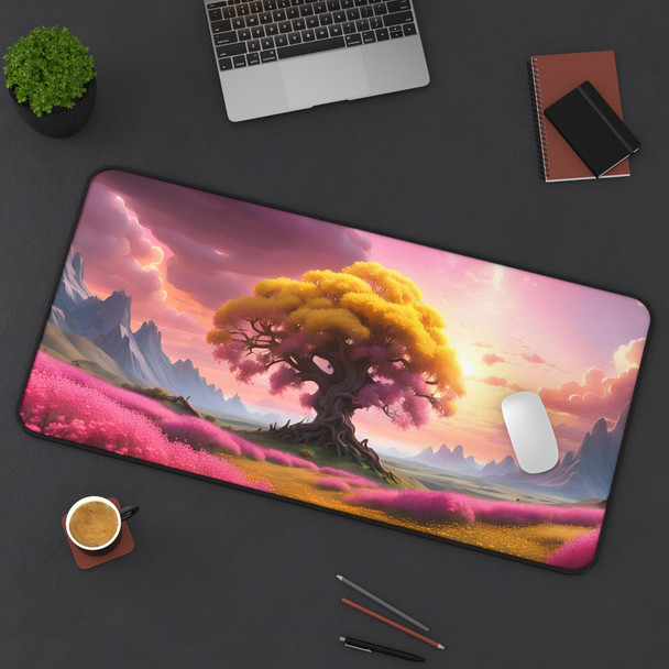 Tree of Life Rowan Tree in Pink and Yellow Desk Mat. Unique gaming pad or desk protector. Three sizes for all of your mousepad needs.