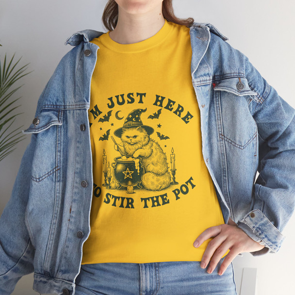 Funny Witchy Cat Tee, Unisex Heavy Cotton Tee, Halloween Apparel, Gift for Cat Lovers, Stir the Pot T-Shirt