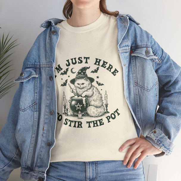 Funny Witchy Cat Tee, Unisex Heavy Cotton Tee, Halloween Apparel, Gift for Cat Lovers, Stir the Pot T-Shirt