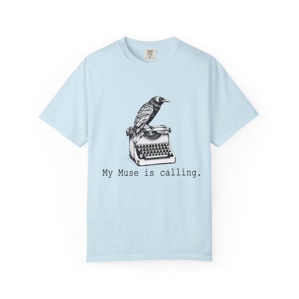 Artistic Muse T-Shirt, Creative Unisex Tee, Gift for Writers, Literary Apparel, Unique Graphic Tee, Raven Bird and Typewriter Design
