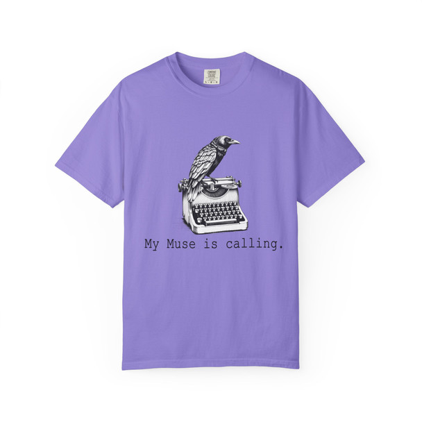 Artistic Muse T-Shirt, Creative Unisex Tee, Gift for Writers, Literary Apparel, Unique Graphic Tee, Raven Bird and Typewriter Design