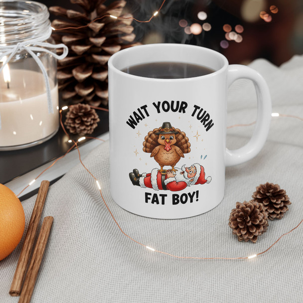 Funny Thanksgiving Ceramic Mug - Holiday Mug, Cute Turkey and Santa Design, Christmas Present, Funny Coffee Mug