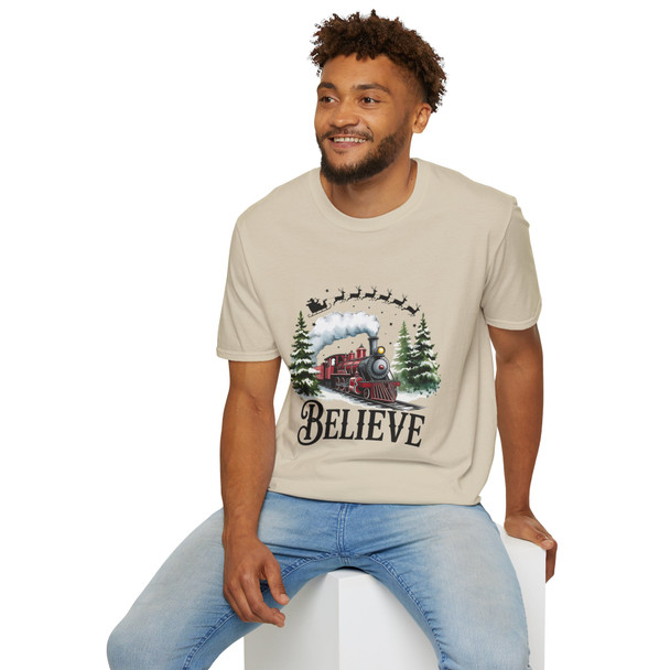  Christmas 'Believe' Santa And Train T-Shirt| Gildan Softstyle Holiday Apparel, Family Gift, Christmas Spirit Tee| Unisex Graphic Shirt