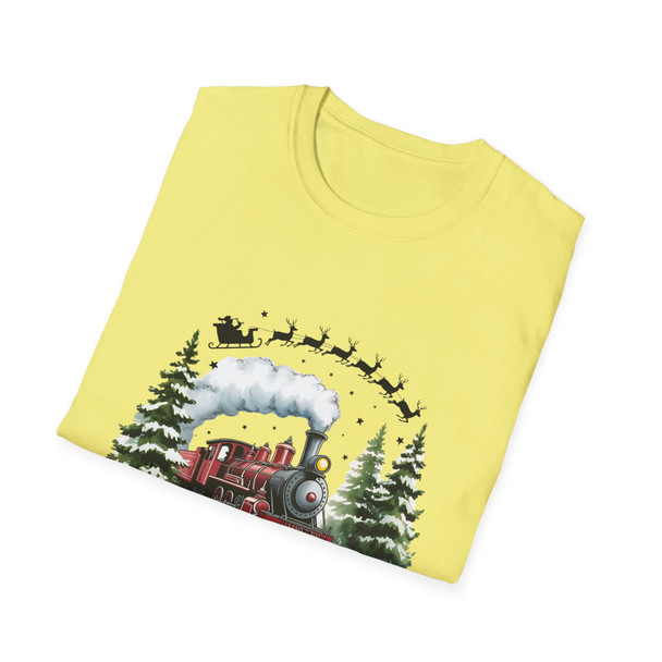  Christmas 'Believe' Santa And Train T-Shirt| Gildan Softstyle Holiday Apparel, Family Gift, Christmas Spirit Tee| Unisex Graphic Shirt