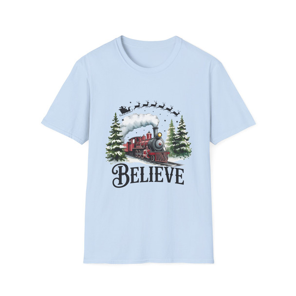  Christmas 'Believe' Santa And Train T-Shirt| Gildan Softstyle Holiday Apparel, Family Gift, Christmas Spirit Tee| Unisex Graphic Shirt