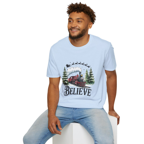  Christmas 'Believe' Santa And Train T-Shirt| Gildan Softstyle Holiday Apparel, Family Gift, Christmas Spirit Tee| Unisex Graphic Shirt
