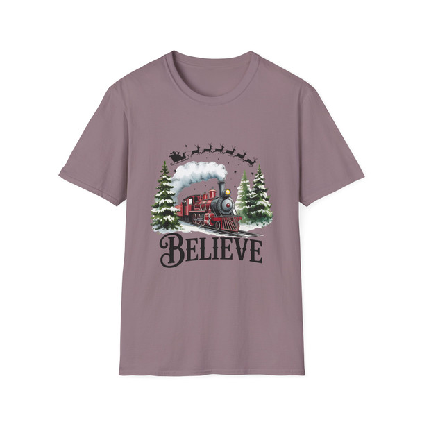  Christmas 'Believe' Santa And Train T-Shirt| Gildan Softstyle Holiday Apparel, Family Gift, Christmas Spirit Tee| Unisex Graphic Shirt