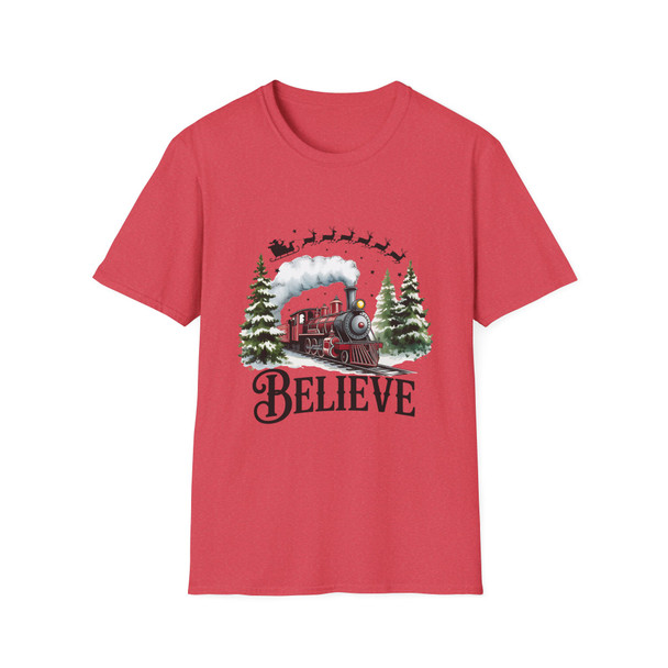  Christmas 'Believe' Santa And Train T-Shirt| Gildan Softstyle Holiday Apparel, Family Gift, Christmas Spirit Tee| Unisex Graphic Shirt