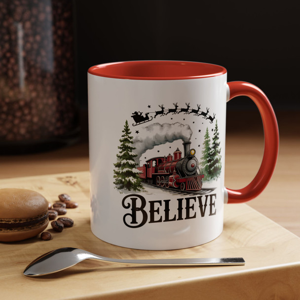 Festive 'Believe' Santa and Reindeer, Train Coffee Mug, Holiday Gift, Christmas Cup, Winter Decor