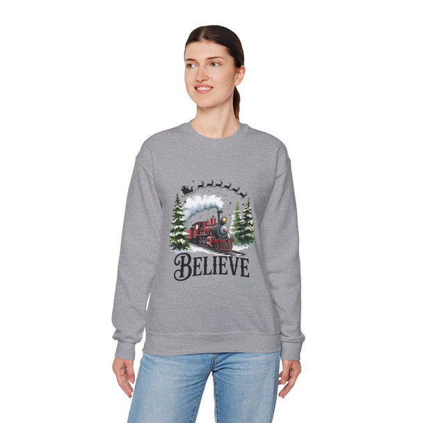 Christmas 'Believe' Sweatshirt, Santa And Train Holiday Crewneck, Gildan Unisex Believe Sweatshirt, Cozy Gift for Him/Her, Festive Apparel