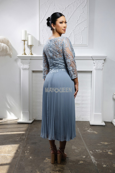 MayQueen MQ-2189 Tea Length Mother of the Bride Gown in Lace and Pleated Chiffon
